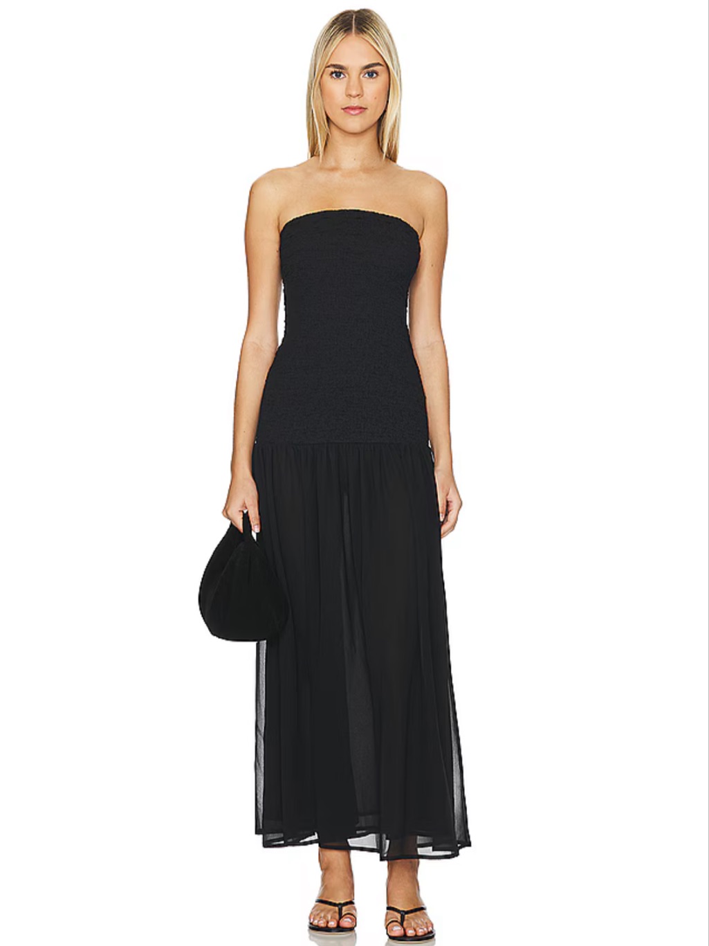More To Come Black Strapless Midi Dress